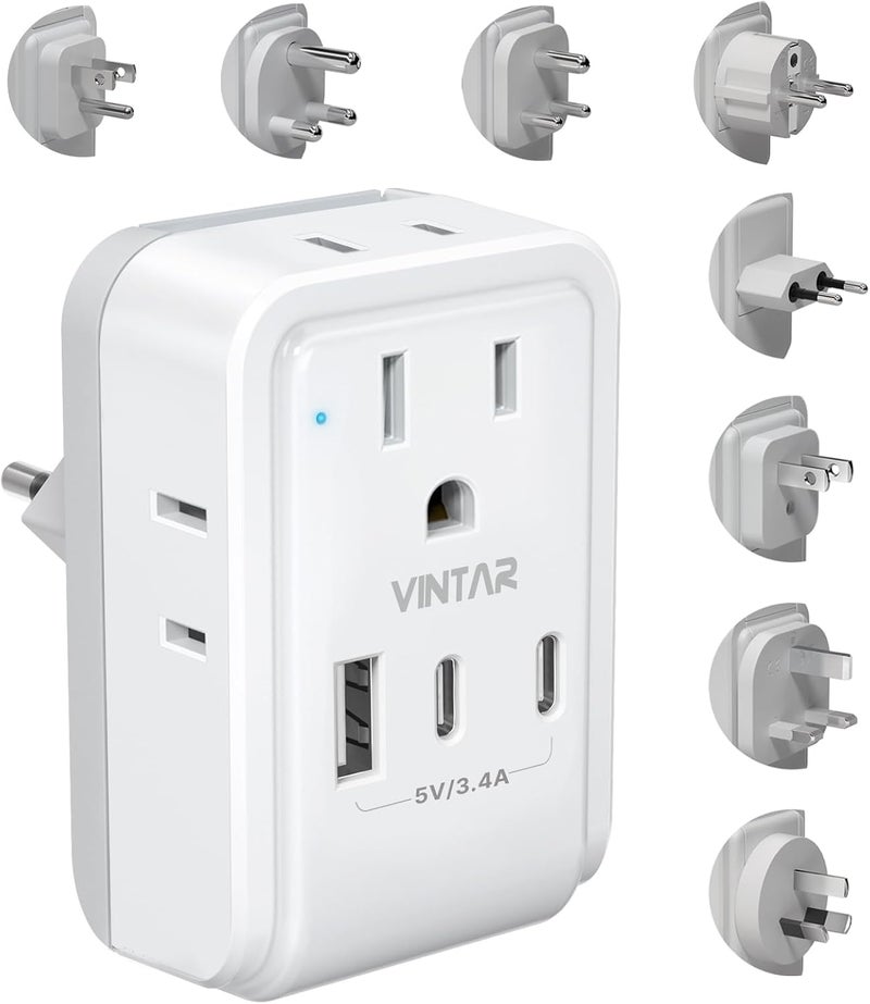 VINTAR Universal Travel Adapter Kit, International Power Adapter with 4 AC and 3 USB Ports(2 USB C), Type A,B,C,D,E/F,G,I,M Detachable Attachments, Travel Adapter Worldwide for India/Africa/Europe/UK - Image 1